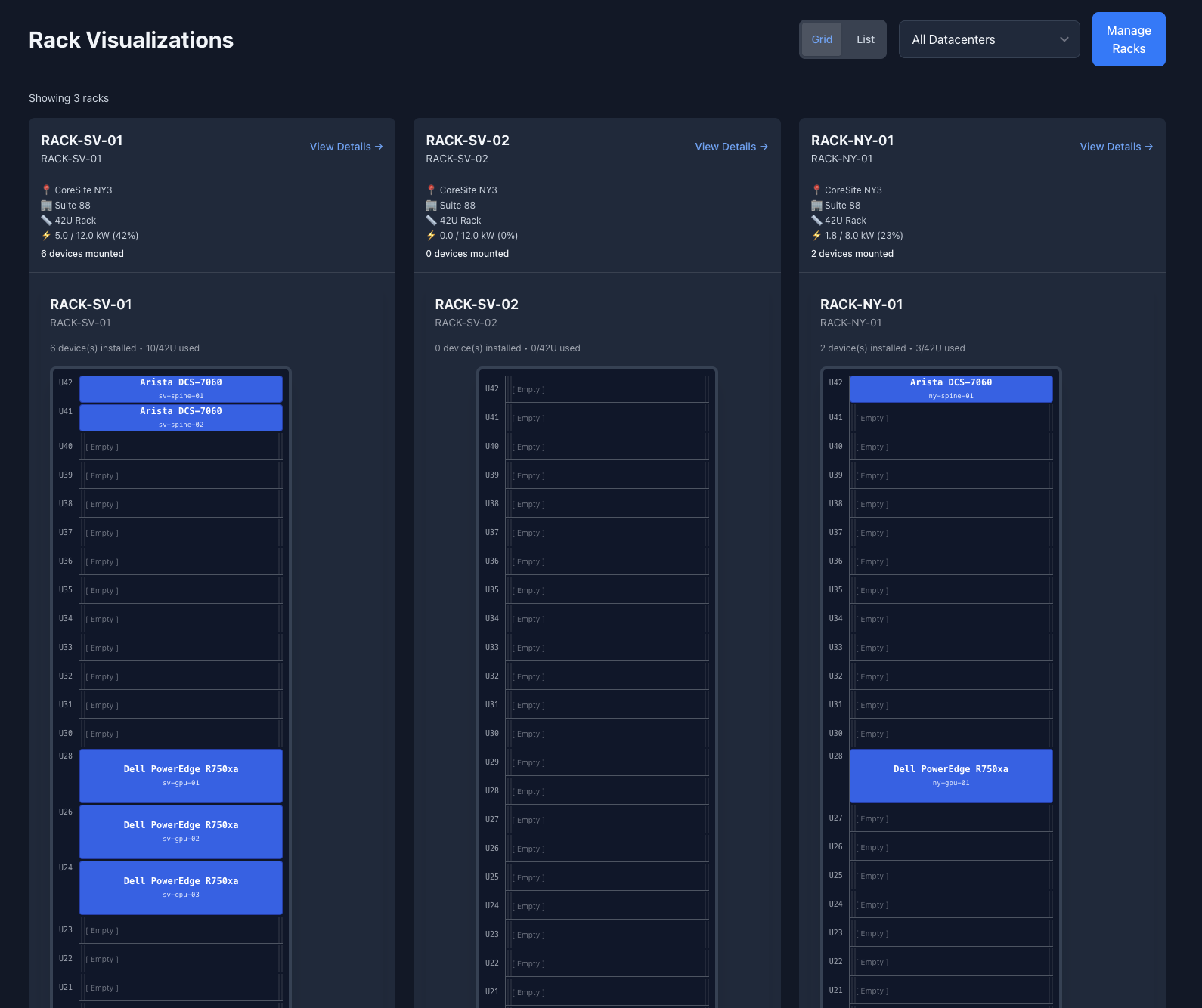RackPlane rack visualization showing devices and U positions